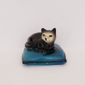 Vintage Cat Figurine on Blue Cushion